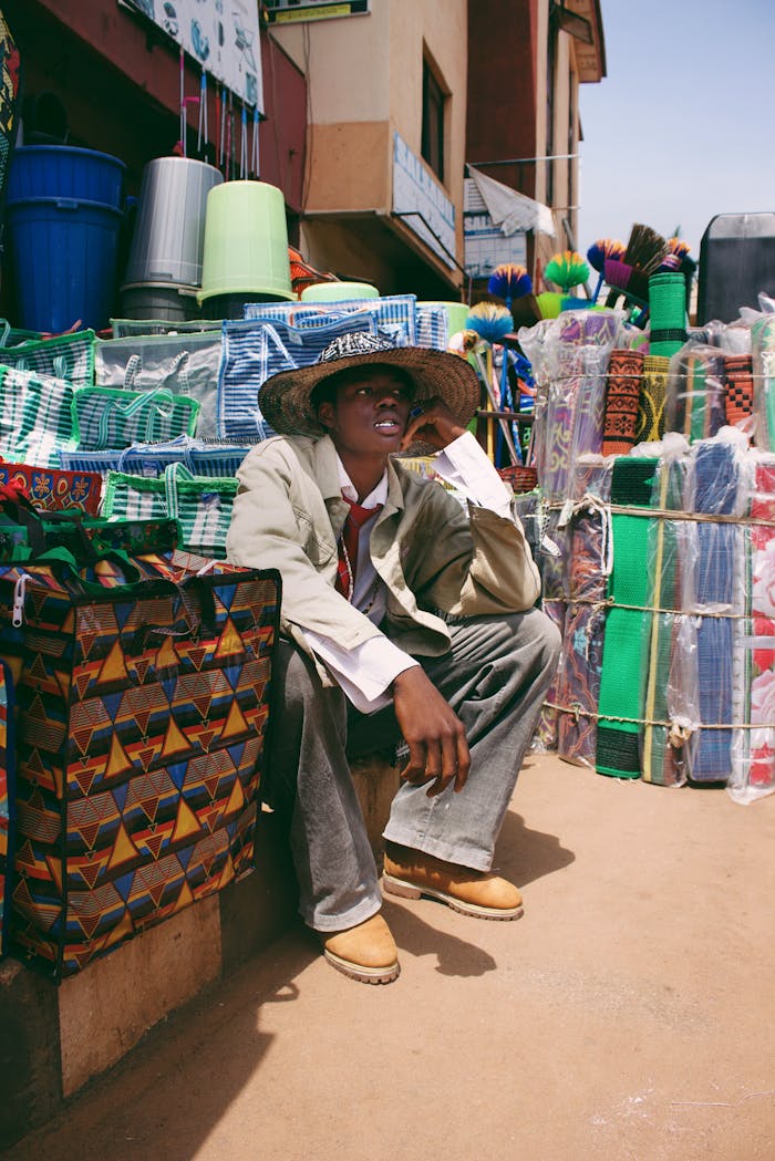 A vendor sits among colorful bags and baskets at a bustling market in Lagos, Nigeria.